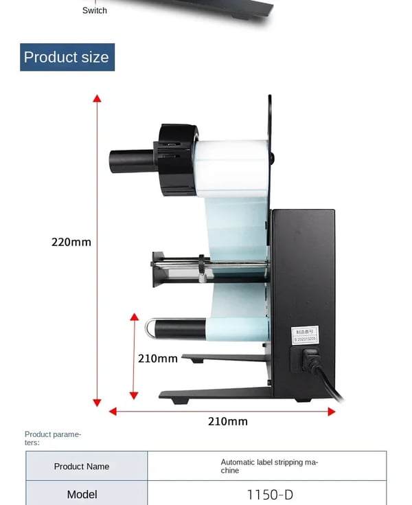 Automatisk etiketdispenser - 1150D - 9 Hastigheder - 220V - Tæller 0–99999 - Automatisk etiketafskiller - CE-Godkendt - Sort