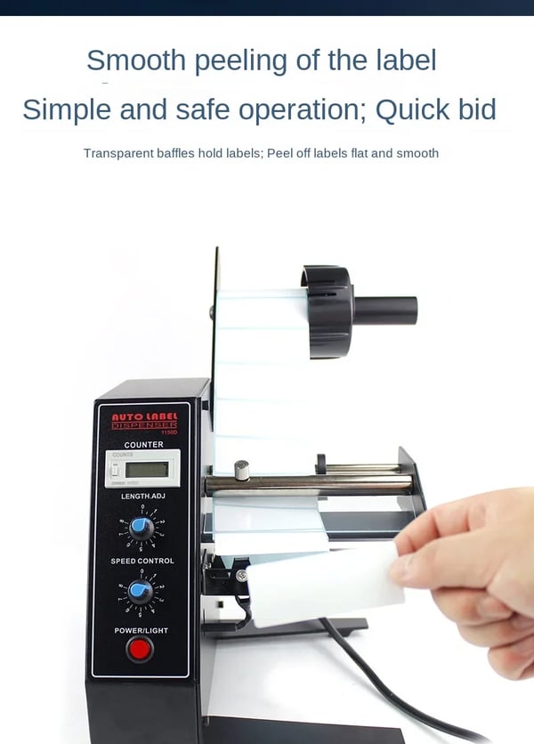 Automatisk etiketdispenser - 1150D - 9 Hastigheder - 220V - Tæller 0–99999 - Automatisk etiketafskiller - CE-Godkendt - Sort