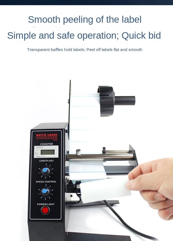 Automatisk etiketdispenser - 1150D - 9 Hastigheder - 220V - Tæller 0–99999 - Automatisk etiketafskiller - CE-Godkendt - Sort