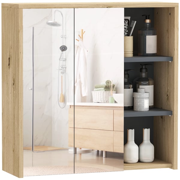 Badrumsskåp med spegel - Spegelskåp - 60x20x60 cm - Med hyllor - Modern stil - Montering krävs - Utan belysning - Naturträ
