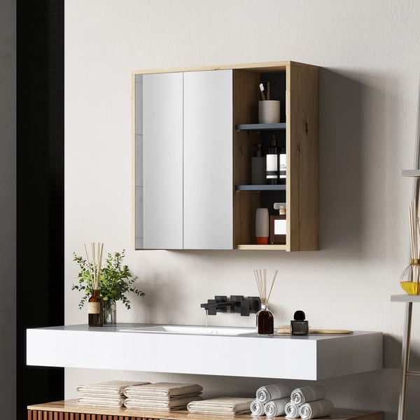 Badrumsskåp med spegel - Spegelskåp - 60x20x60 cm - Med hyllor - Modern stil - Montering krävs - Utan belysning - Naturträ