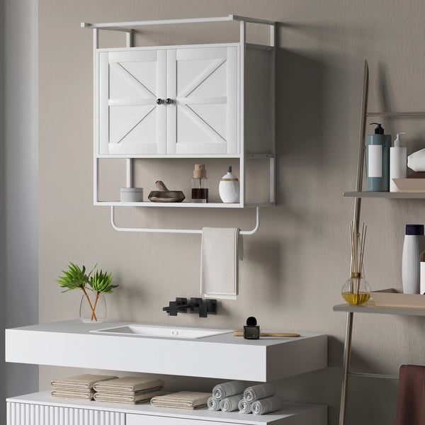 Badrumsskåp - Vägghängt Skåp - 2 Dörrar - Hylla - Handdukshållare - 63x34x75 cm - Trä - Vit