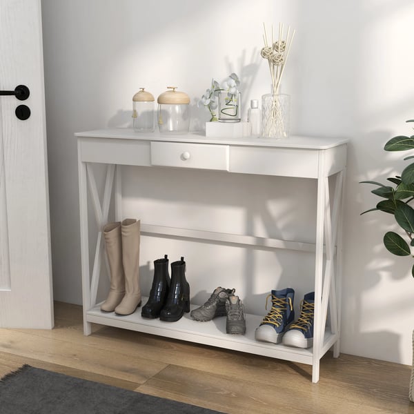 Konsolbord - Hallbord - 1 Låda - 1 Hylla - Trä - 100×30×81 cm - Rektangulärt - Modern Minimalistisk Stil - Vit