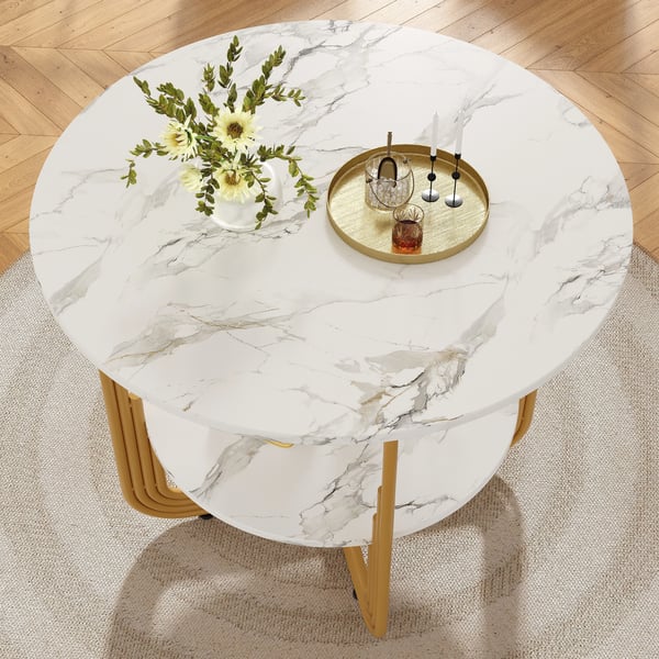 Rundt spisebord - 4 personer - Central opbevaringshylde - Til køkken/spisestue - Moderne marokkansk stil - 80×80×76 cm - Hvid