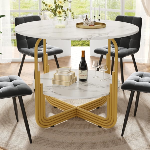 Rundt spisebord - 4 personer - Central opbevaringshylde - Til køkken/spisestue - Moderne marokkansk stil - 80×80×76 cm - Hvid
