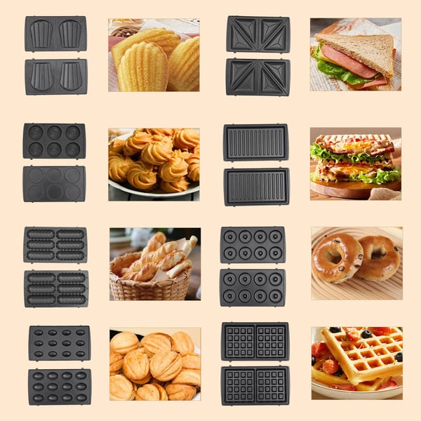 Multifunktionel morgenmadsmaskine - 8‑i‑1 Toastmaskine, Vaffeljern, Donutmaskine - 8 Forme - 750 W - EU‑stik - Sort