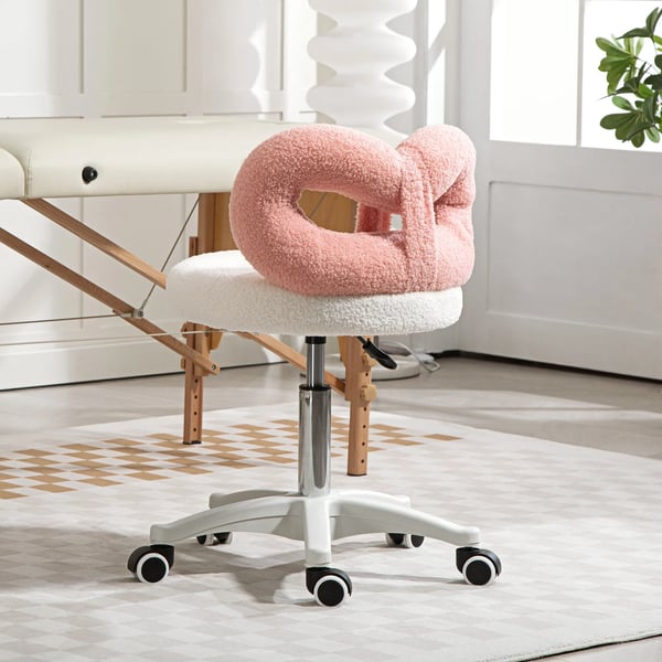 Pall med hjul - Snurrpall med ryggstöd - Höjdjusterbar 63–77 cm - 360° vridbar - Ryggstöd i rosettform - 50 x 50 cm - Rosa