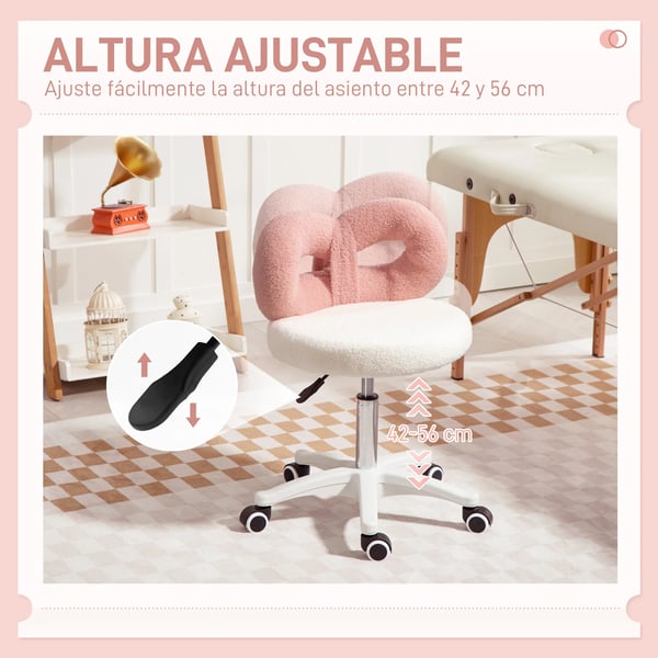 Pall med hjul - Snurrpall med ryggstöd - Höjdjusterbar 63–77 cm - 360° vridbar - Ryggstöd i rosettform - 50 x 50 cm - Rosa