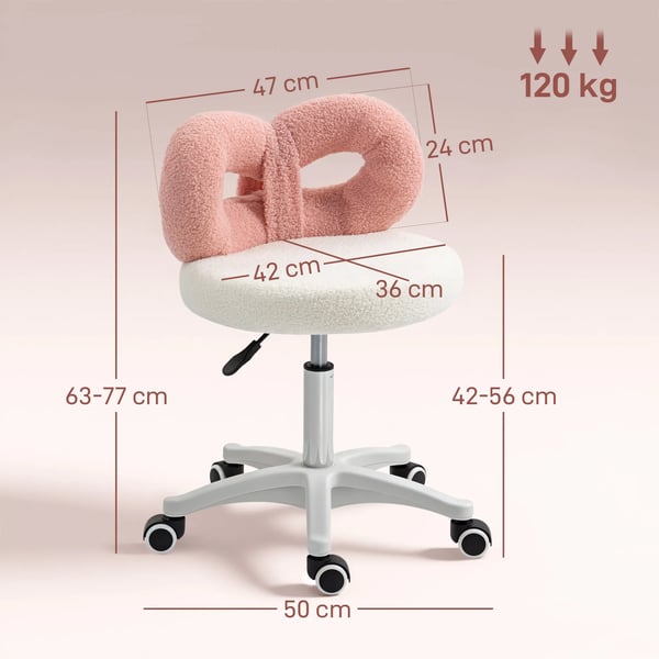 Pall med hjul - Snurrpall med ryggstöd - Höjdjusterbar 63–77 cm - 360° vridbar - Ryggstöd i rosettform - 50 x 50 cm - Rosa