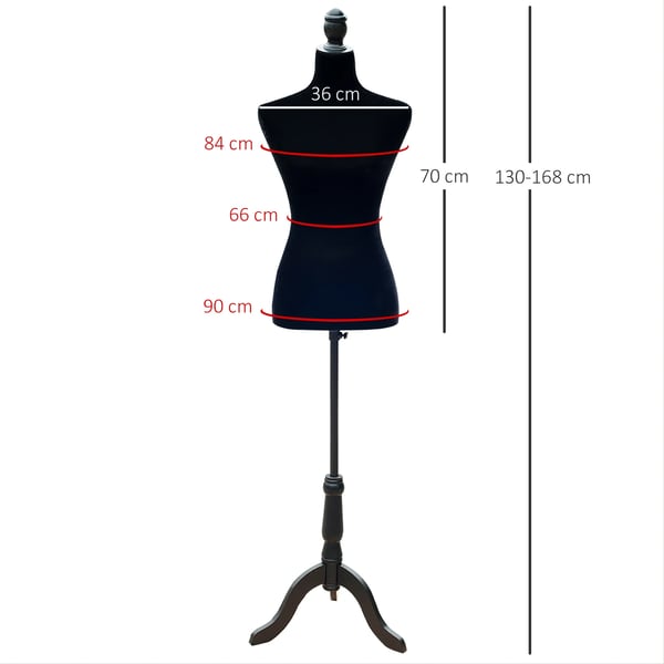 Provdocka Skräddarbyst - Överkroppsmannekäng Dam - Justerbar Höjd 130–168 cm - Skumkropp - Trästativ - Svart