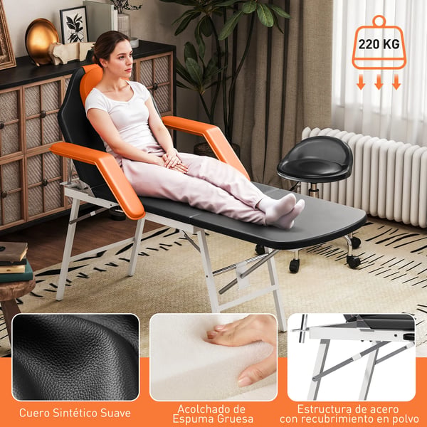 Massagebänk - Hopfällbar 3-sektions - Portabel - Justerbart ryggstöd - Huvudstöd & armstöd - Konstläder - 182×82×68 cm - Orange