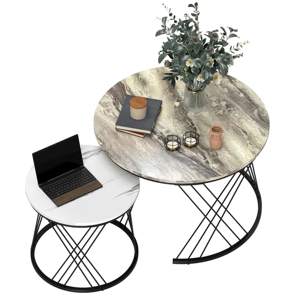 Set med 2 satsbord - Runda soffbord - Nästbara - Trä med marmorlook - Ø70x46,5 & Ø44,5x39 cm - Ljusgrå