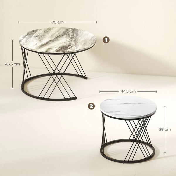 Set med 2 satsbord - Runda soffbord - Nästbara - Trä med marmorlook - Ø70x46,5 & Ø44,5x39 cm - Ljusgrå