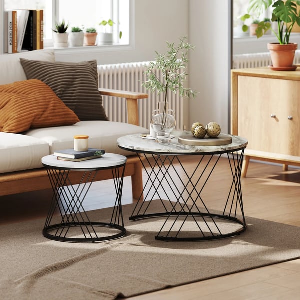 Set med 2 satsbord - Runda soffbord - Nästbara - Trä med marmorlook - Ø70x46,5 & Ø44,5x39 cm - Ljusgrå
