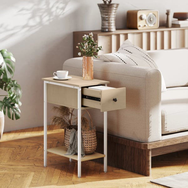 Sidobord - Smal modell - Låda och öppen hylla - Rektangulär - Metallram - 25 x 39,8 x 58,2 cm - Modern stil - Vit