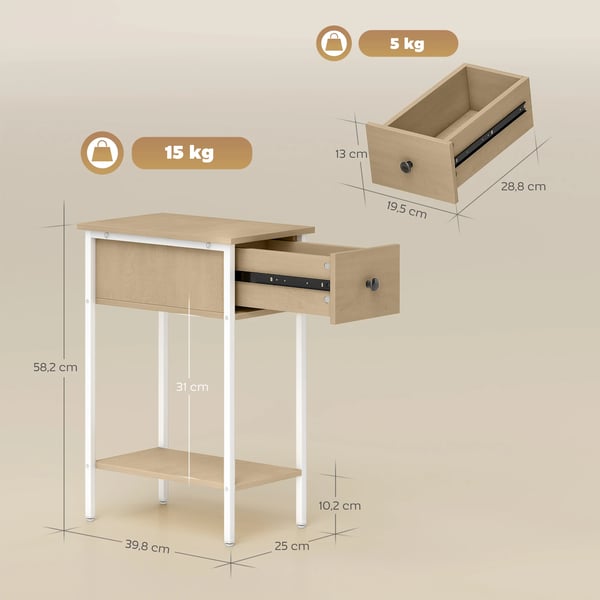 Sidobord - Smal modell - Låda och öppen hylla - Rektangulär - Metallram - 25 x 39,8 x 58,2 cm - Modern stil - Vit