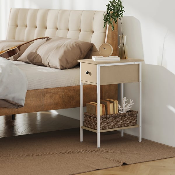 Sidobord - Smal modell - Låda och öppen hylla - Rektangulär - Metallram - 25 x 39,8 x 58,2 cm - Modern stil - Vit