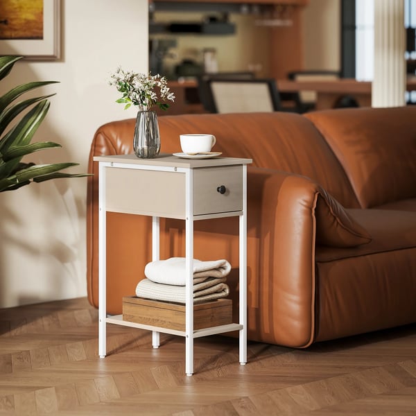 Sidobord - Smal modell - Låda och öppen hylla - Rektangulär - Metallram - 25 x 39,8 x 58,2 cm - Modern stil - Vit