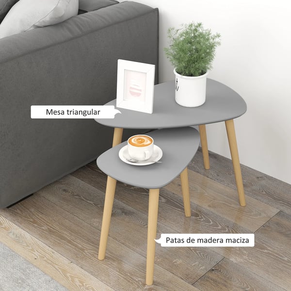 Set med 2 satsbord - Triangulära soffbord - Trä, minimalistisk design - 59,5×39,5×45 och 44,5×28,5×40 cm - Ljusgrå