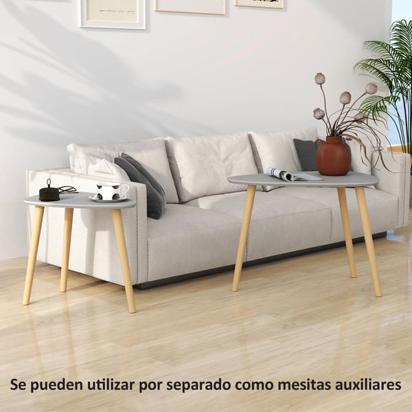 Set med 2 satsbord - Triangulära soffbord - Trä, minimalistisk design - 59,5×39,5×45 och 44,5×28,5×40 cm - Ljusgrå