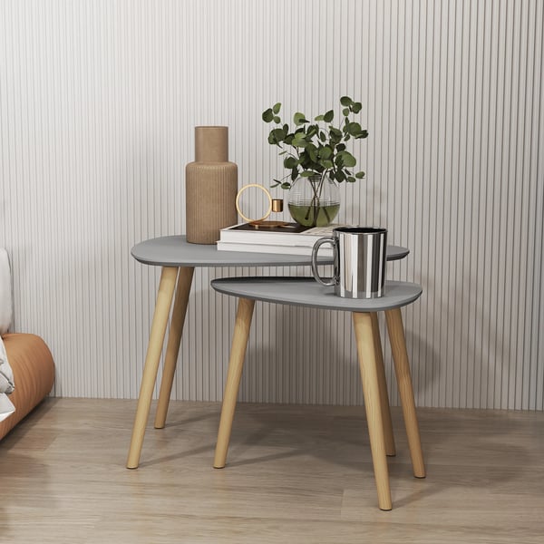 Set med 2 satsbord - Triangulära soffbord - Trä, minimalistisk design - 59,5×39,5×45 och 44,5×28,5×40 cm - Ljusgrå