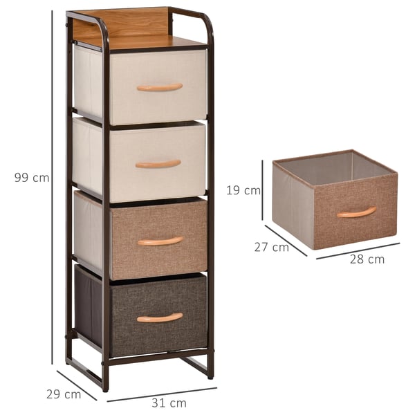 Byrå för sovrum - Byrå med tyglådor - 4 Fällbara Lådor i Polyester - Träskiva - Metallram - 31 x 29 x 99 cm - Flerfärgad