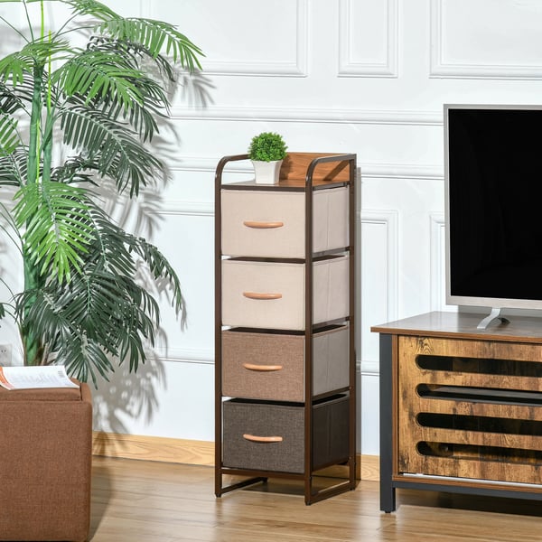 Byrå för sovrum - Byrå med tyglådor - 4 Fällbara Lådor i Polyester - Träskiva - Metallram - 31 x 29 x 99 cm - Flerfärgad
