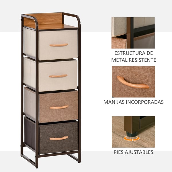 Byrå för sovrum - Byrå med tyglådor - 4 Fällbara Lådor i Polyester - Träskiva - Metallram - 31 x 29 x 99 cm - Flerfärgad