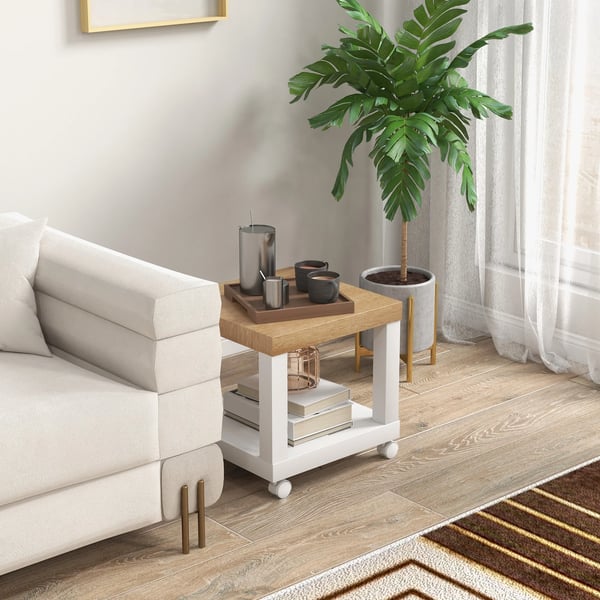 Sidobord - Bord på hjul - Öppen Hylla - 40 x 40 x 40 cm - Fyrkantig - Trä - Vit