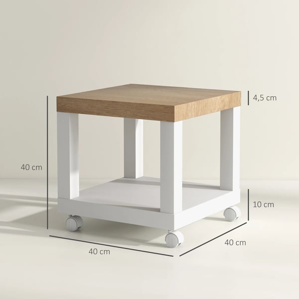 Sidobord - Bord på hjul - Öppen Hylla - 40 x 40 x 40 cm - Fyrkantig - Trä - Vit