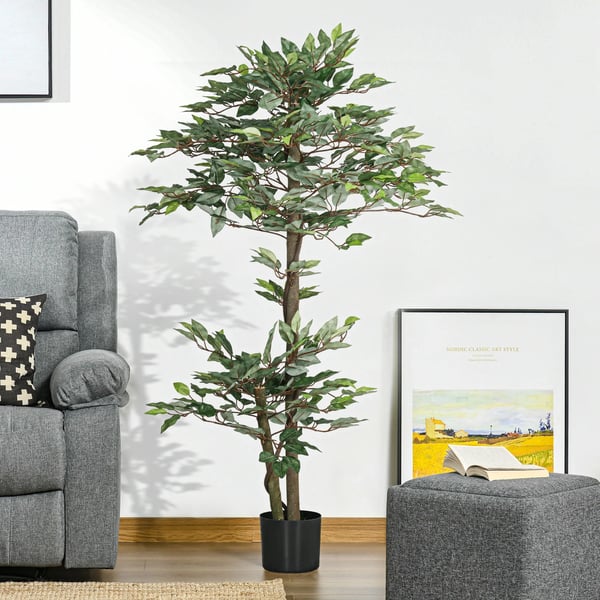 Konstgjord ficus - Träd i kruka - 150 cm - 1008 blad - Med mossa - Golvplacering utomhus - Grön