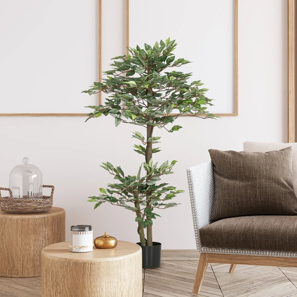 Konstgjord ficus - Träd i kruka - 150 cm - 1008 blad - Med mossa - Golvplacering utomhus - Grön