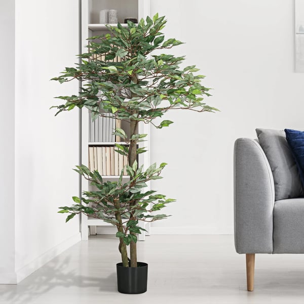 Konstgjord ficus - Träd i kruka - 150 cm - 1008 blad - Med mossa - Golvplacering utomhus - Grön