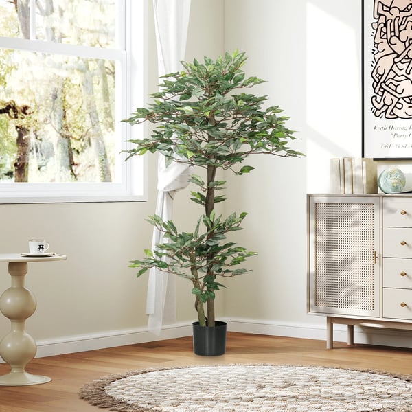 Konstgjord ficus - Träd i kruka - 150 cm - 1008 blad - Med mossa - Golvplacering utomhus - Grön