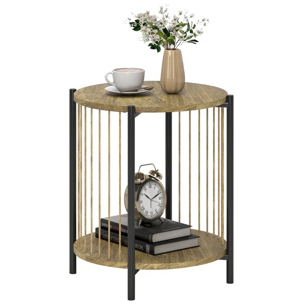 Sidobord - Rund 2-nivåers - Trä - Med Hylla - 43,5×43,5×51 cm - Minimalistisk Modern - Beige