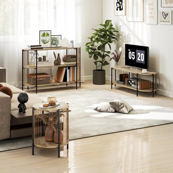 Sidobord - Rund 2-nivåers - Trä - Med Hylla - 43,5×43,5×51 cm - Minimalistisk Modern - Beige