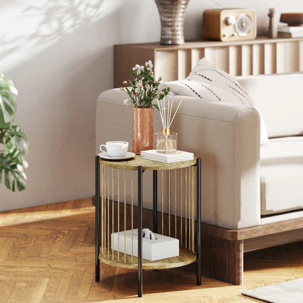 Sidobord - Rund 2-nivåers - Trä - Med Hylla - 43,5×43,5×51 cm - Minimalistisk Modern - Beige