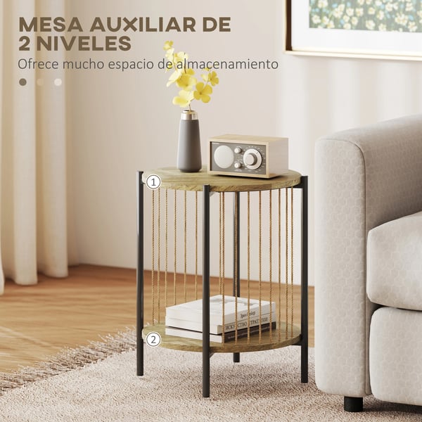 Sidobord - Rund 2-nivåers - Trä - Med Hylla - 43,5×43,5×51 cm - Minimalistisk Modern - Beige