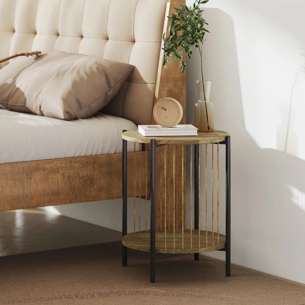 Sidobord - Rund 2-nivåers - Trä - Med Hylla - 43,5×43,5×51 cm - Minimalistisk Modern - Beige