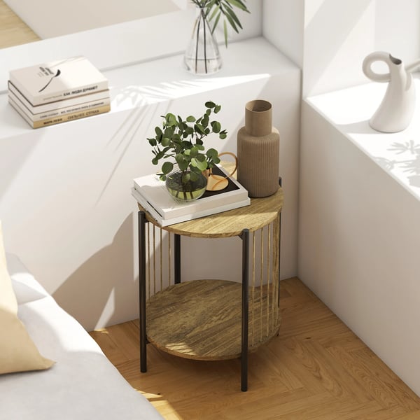 Sidobord - Rund 2-nivåers - Trä - Med Hylla - 43,5×43,5×51 cm - Minimalistisk Modern - Beige