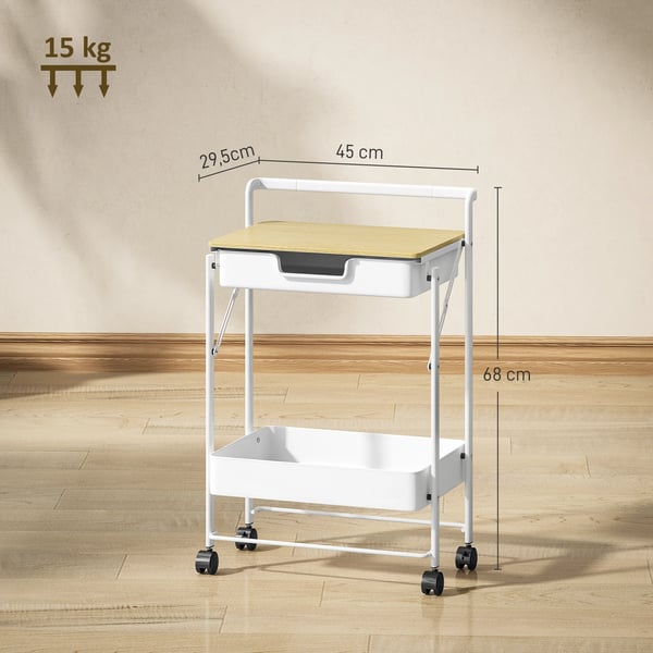 Rullvagn/Serveringsvagn - 850-334V01Wt - 2 Nivåer - 1 Låda - Nätkorg - Metall - Med Hjul - Vit