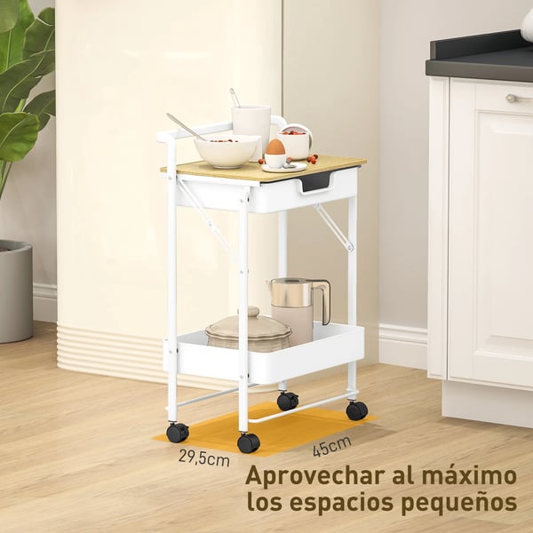 Rullvagn/Serveringsvagn - 850-334V01Wt - 2 Nivåer - 1 Låda - Nätkorg - Metall - Med Hjul - Vit