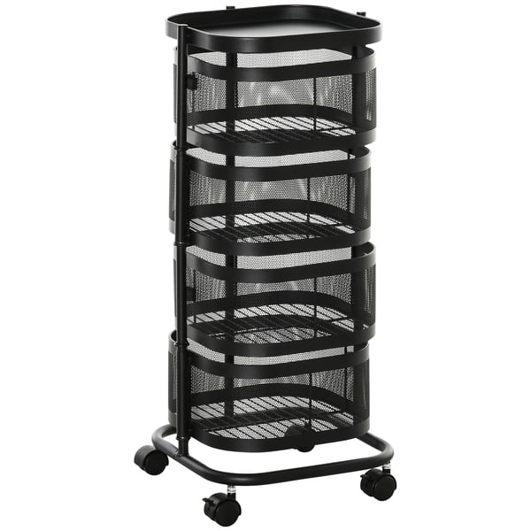 Förvaringsvagn - Rullvagn - 5 Nivåer - 4 Roterande Korgar 270° - Metall - På Hjul - 33x33x77 cm - Svart