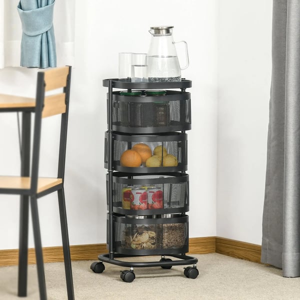 Förvaringsvagn - Rullvagn - 5 Nivåer - 4 Roterande Korgar 270° - Metall - På Hjul - 33x33x77 cm - Svart