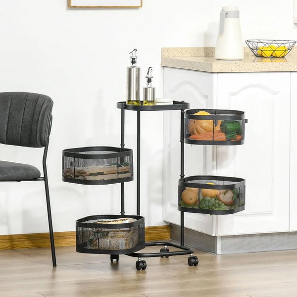 Förvaringsvagn - Rullvagn - 5 Nivåer - 4 Roterande Korgar 270° - Metall - På Hjul - 33x33x77 cm - Svart