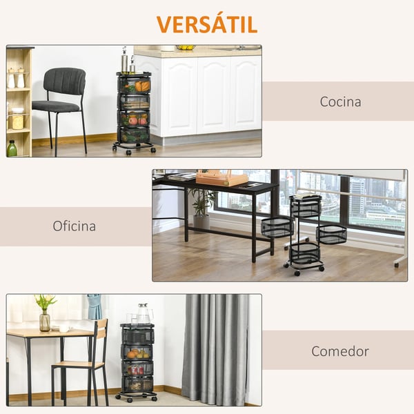 Förvaringsvagn - Rullvagn - 5 Nivåer - 4 Roterande Korgar 270° - Metall - På Hjul - 33x33x77 cm - Svart