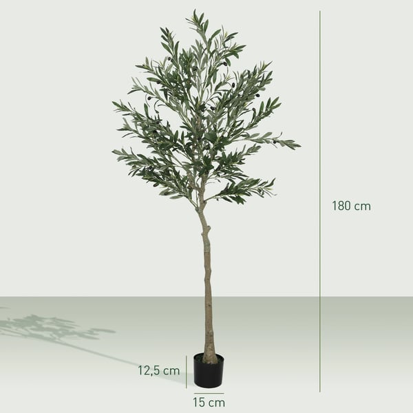 Konstgjord växt - Olivträd i kruka - 180 cm - 900 blad - 40 oliver - Sidenblad - Golvstående - Utomhus - Grön