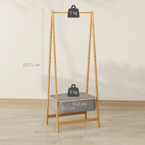 Klädställ - Bambu - Fällbart - Tvättkorg i tyg med lock - 60 x 44,5 x 157,5 cm - Grå