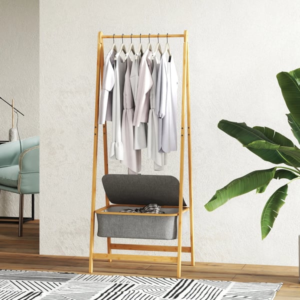 Klädställ - Bambu - Fällbart - Tvättkorg i tyg med lock - 60 x 44,5 x 157,5 cm - Grå