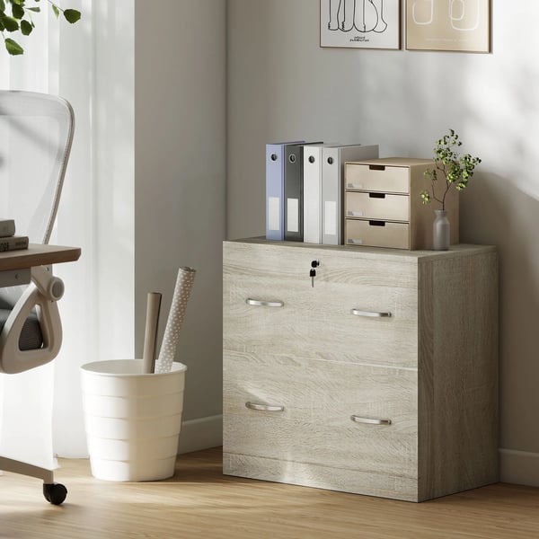 Arkivskåp - Kontorsmöbel - Två lådor - För A4-hängmappar - Lås med 2 nycklar - Trä - Utan hjul - Mått 77×42×72 cm - Brun